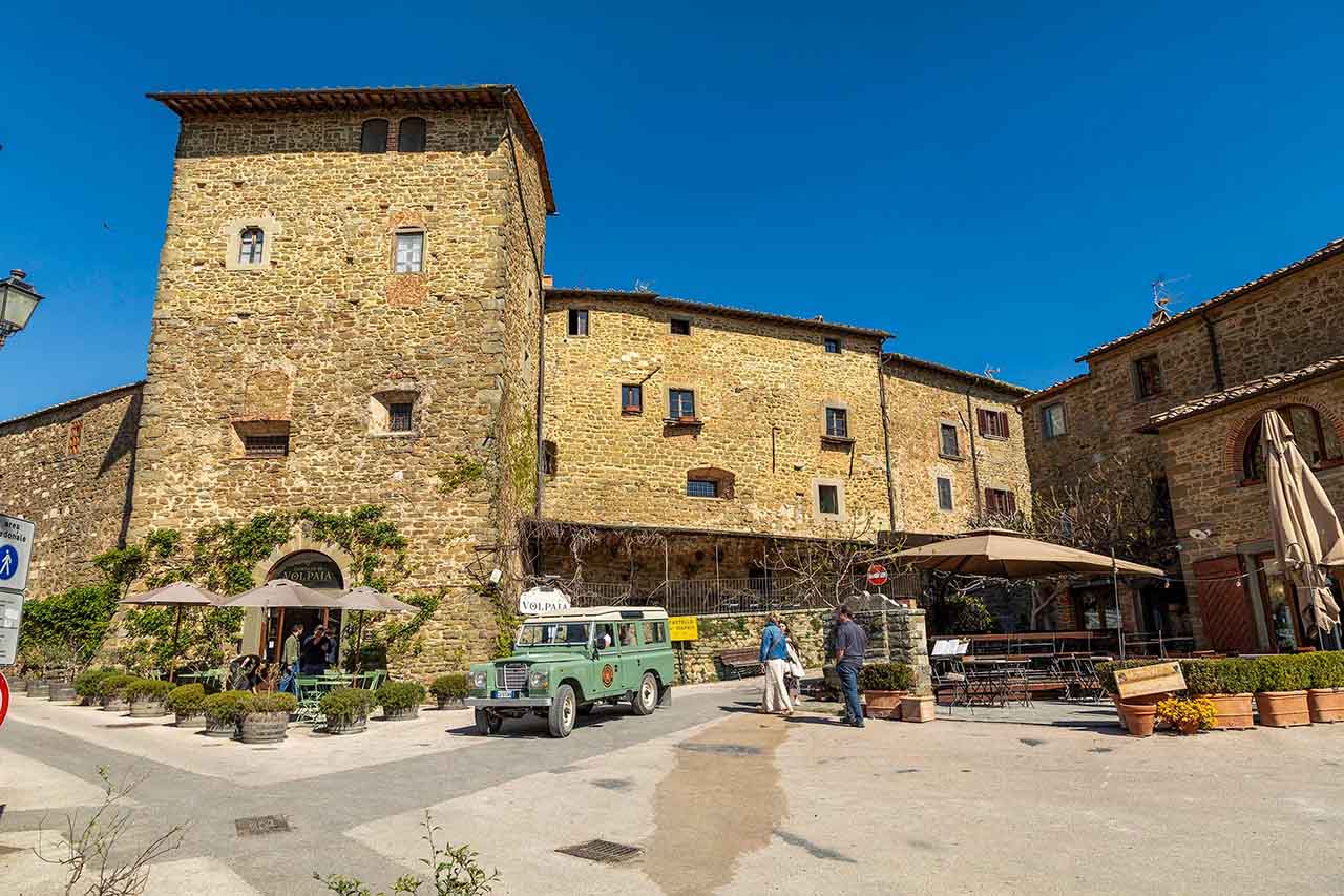 Chianti Vintage Expeditions - vintage Land Rover in the medieval village of Volpaia